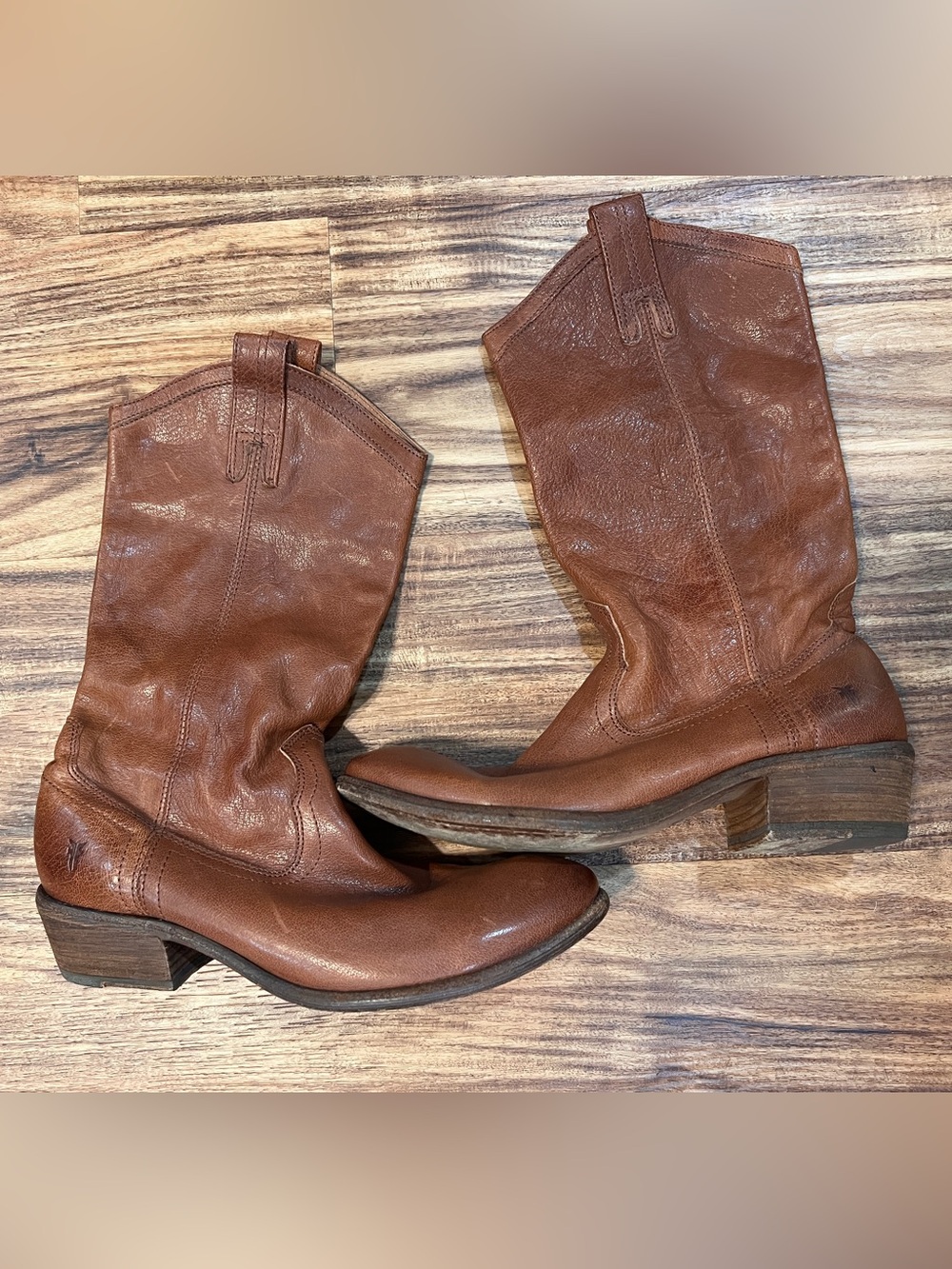 Frye Leather Mid-Calf Pull-On Boots Brown Cognac Slouch